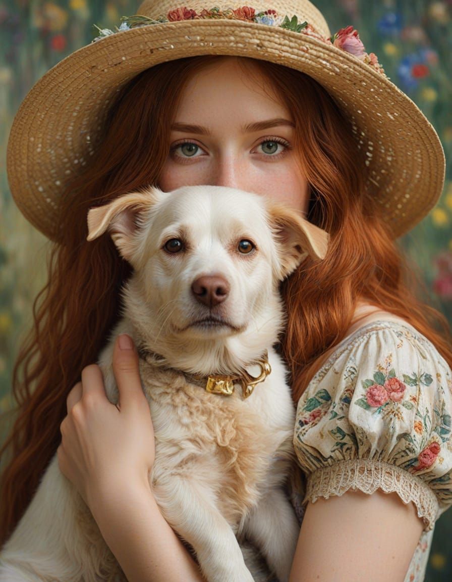 Girl Hugging Dog in Impressionist Portrait with Gold Leaf