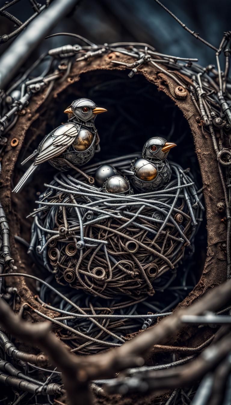 Hyperrealistic Metal Robot Bird Nest in Scrap