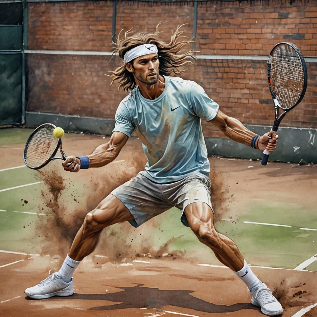 A tennis player with somewhat long hair, with a headband on his forehead, doing his volley or serve, body with his arm h...