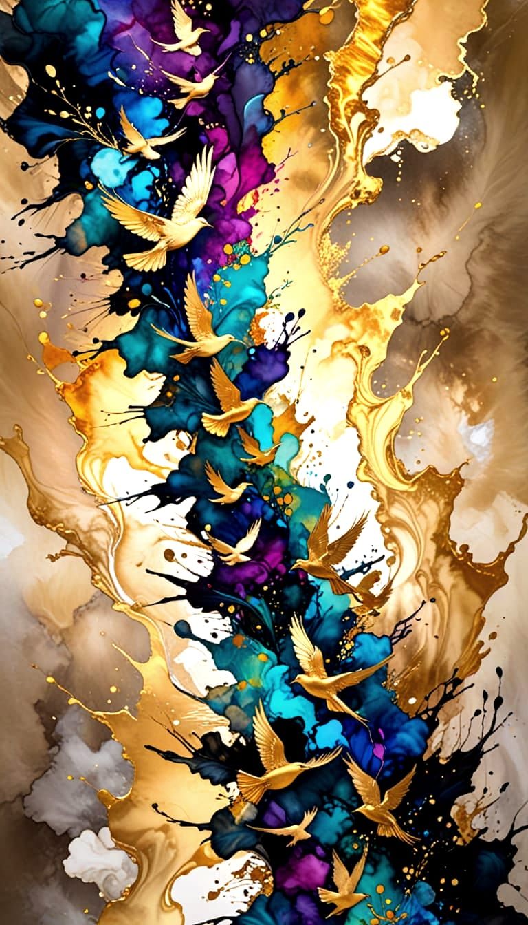 Vivid Alcohol Ink Birds Ascending in Dramatic Lighting