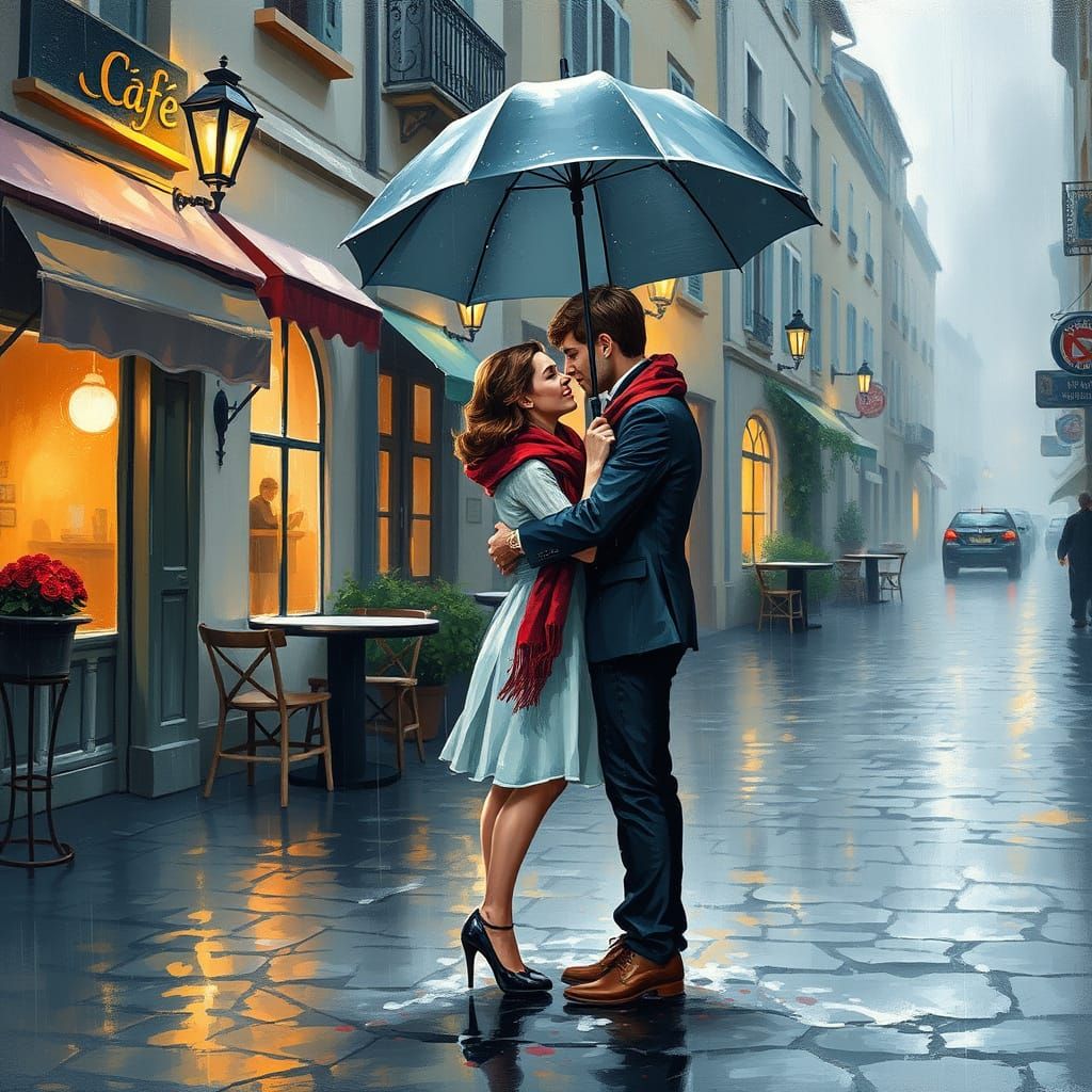 Romantic Couple in Rainy European Street, Impressionist Pain...