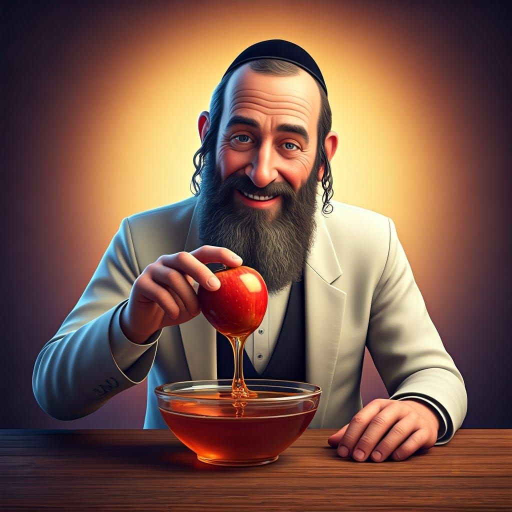 Orthodox Jew Dipping Apple in Honey, 3D Render