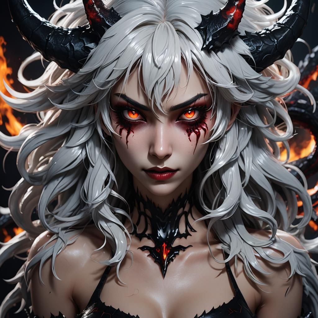 Venomous White-Haired Demon Girl in Hyper-Realistic 3D Anime...