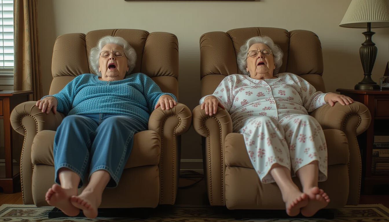Hyperrealistic Sisters Sleeping in Recliners