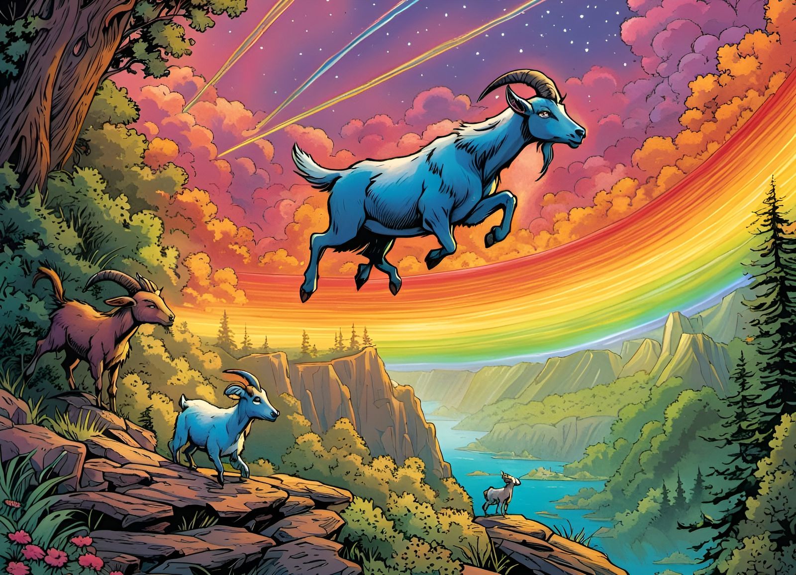 Goats Traverse Rainbow Bridge in Comic Book Art