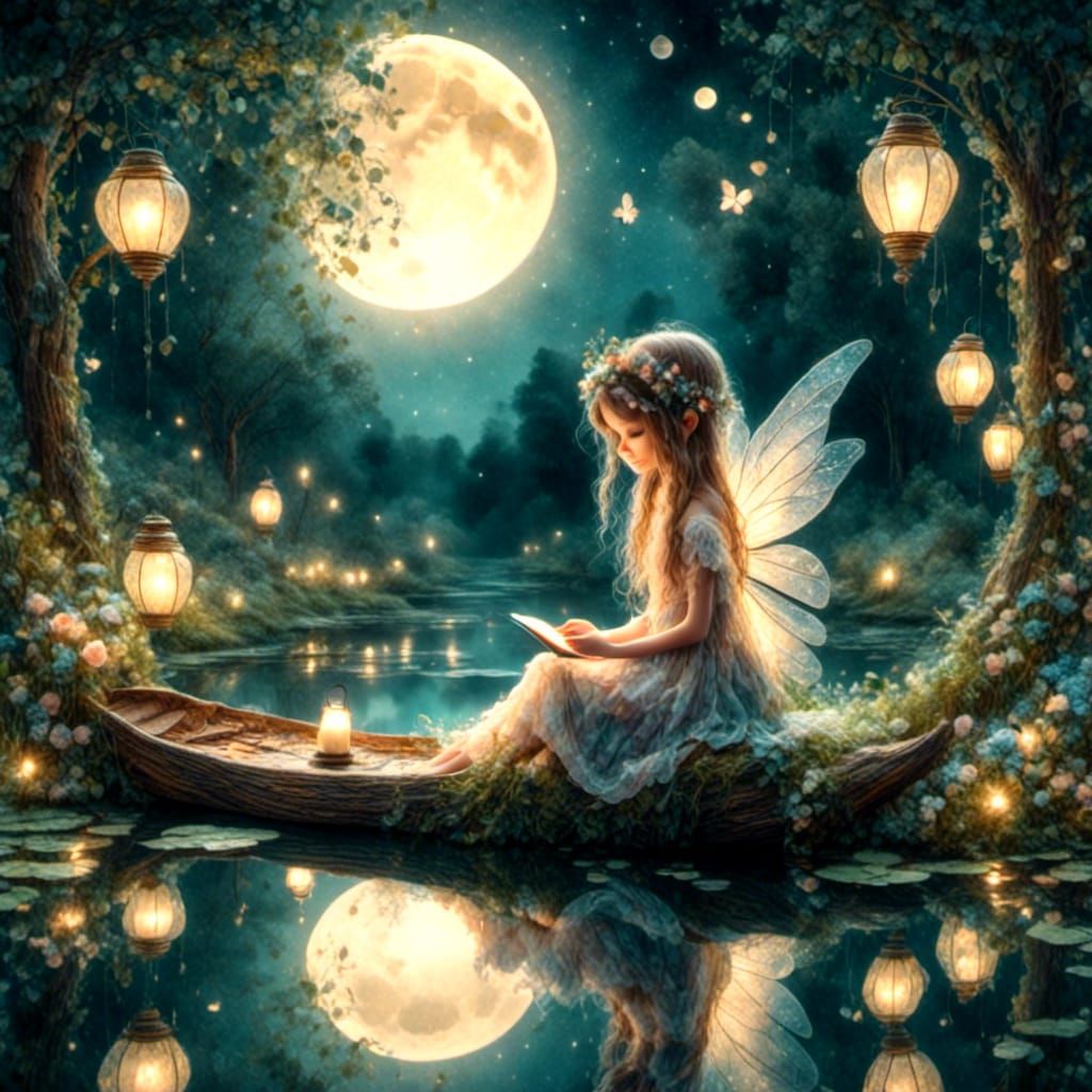 Enchanting Fairy on Lily Pad in Moonlit Forest