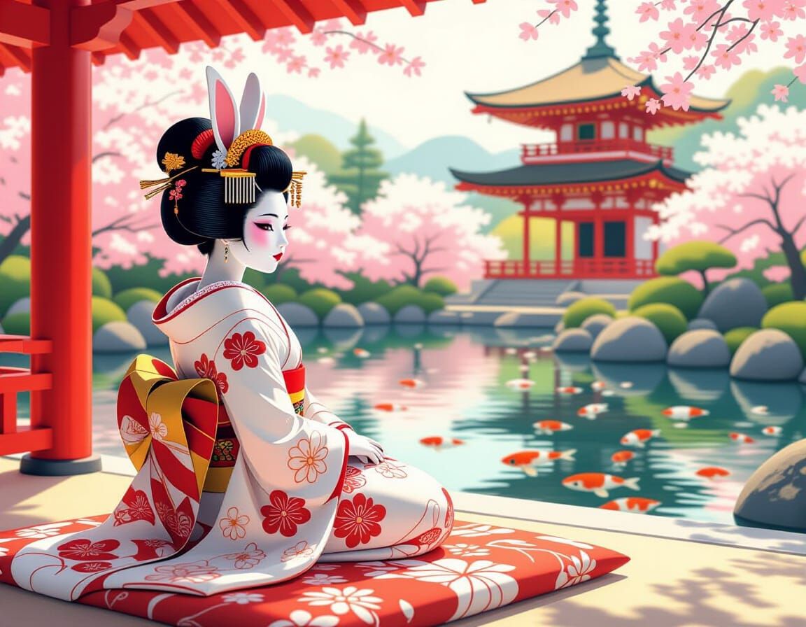 Rabbit Geisha in Japanese Garden, Pop Art Style