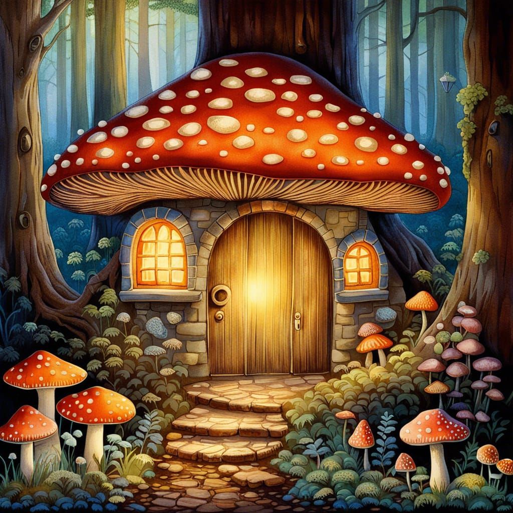 Mushroom House in Fantasy Forest, Children's Illustration