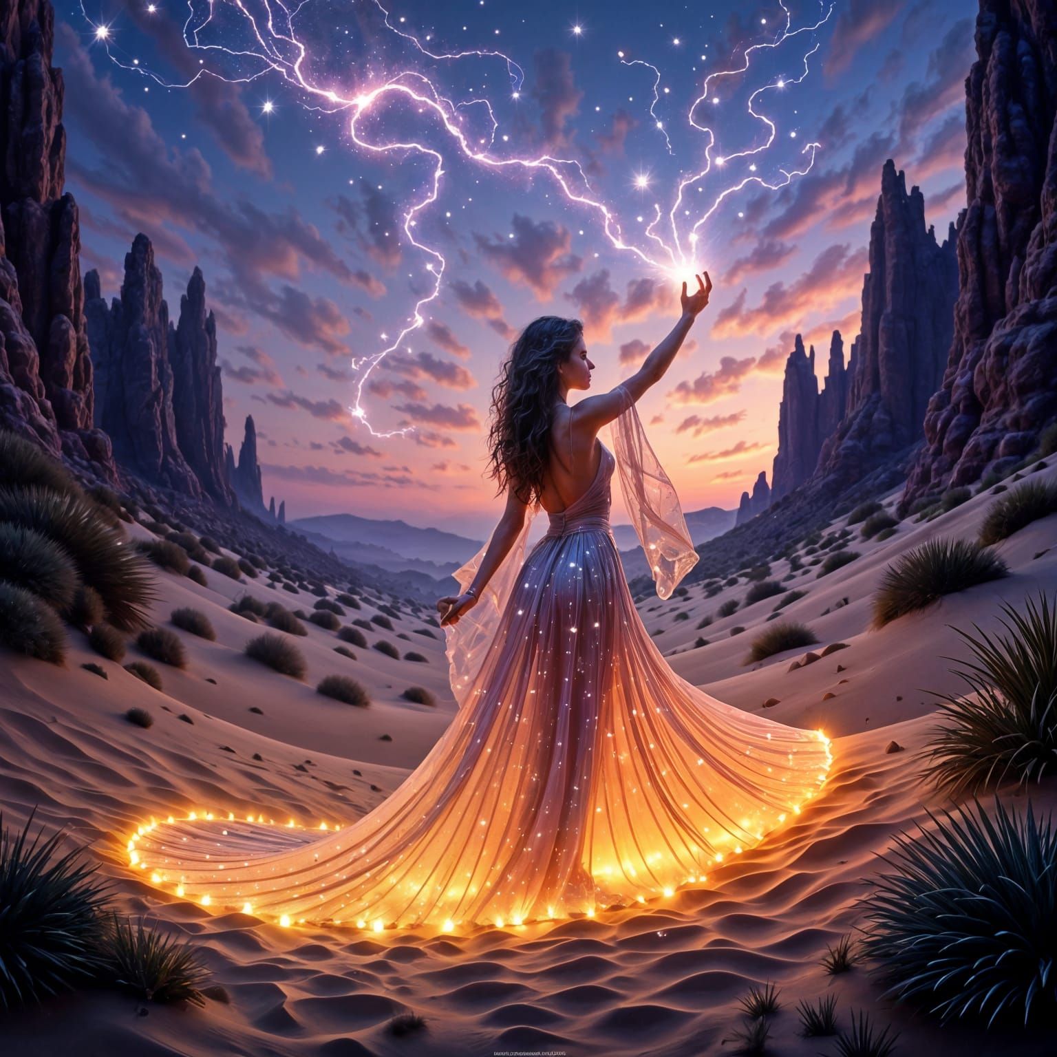 Mystical Desert Dreamscapes at Twilight, with Fairy Lights a...