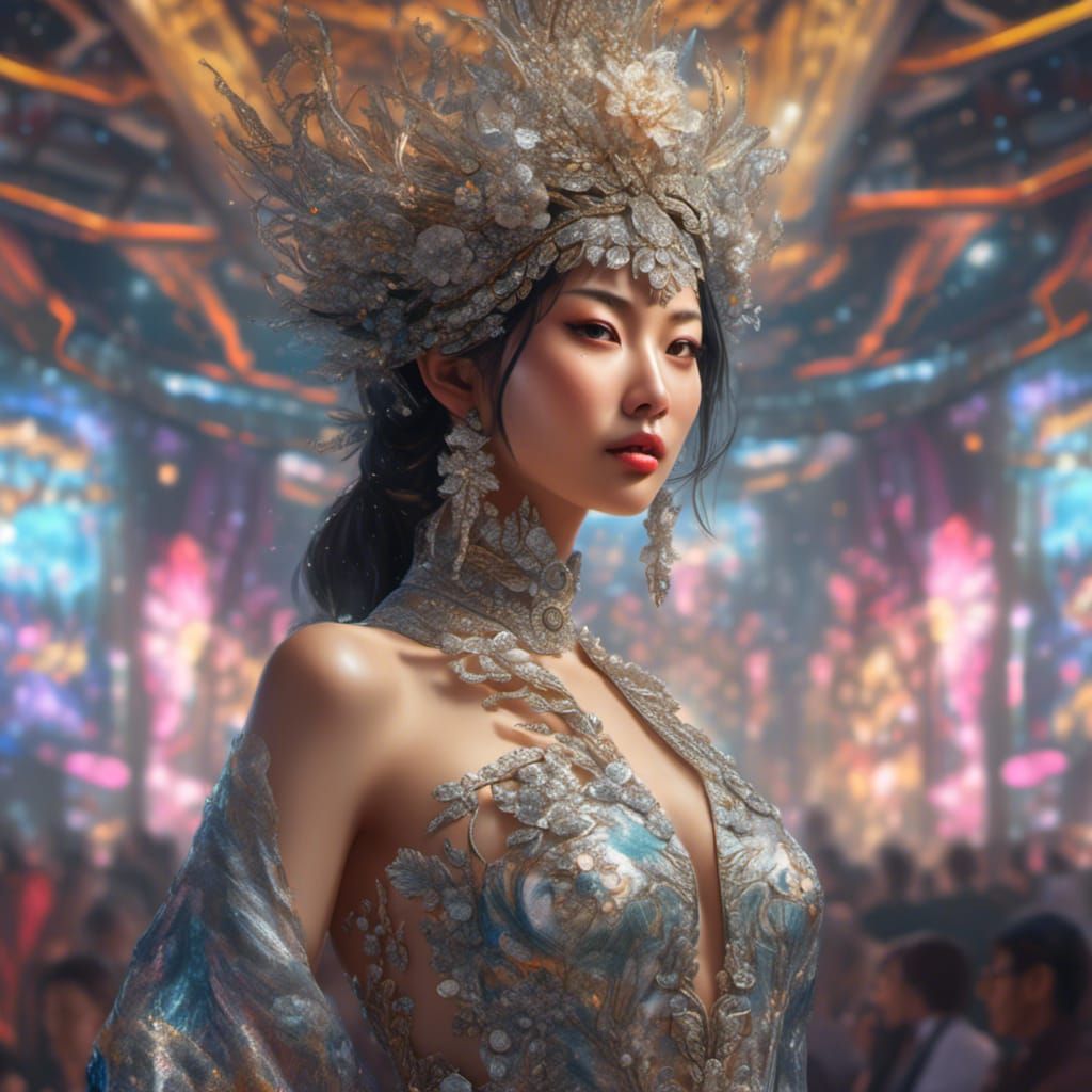 Hyperrealistic Asian Woman on Catwalk in Oil Painting