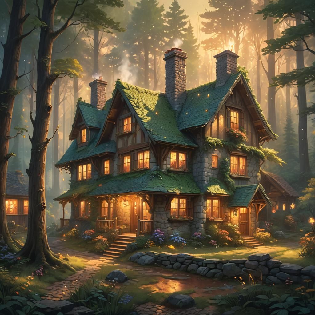 Cozy Cottage in Misty Forest: Fantasy Concept Art