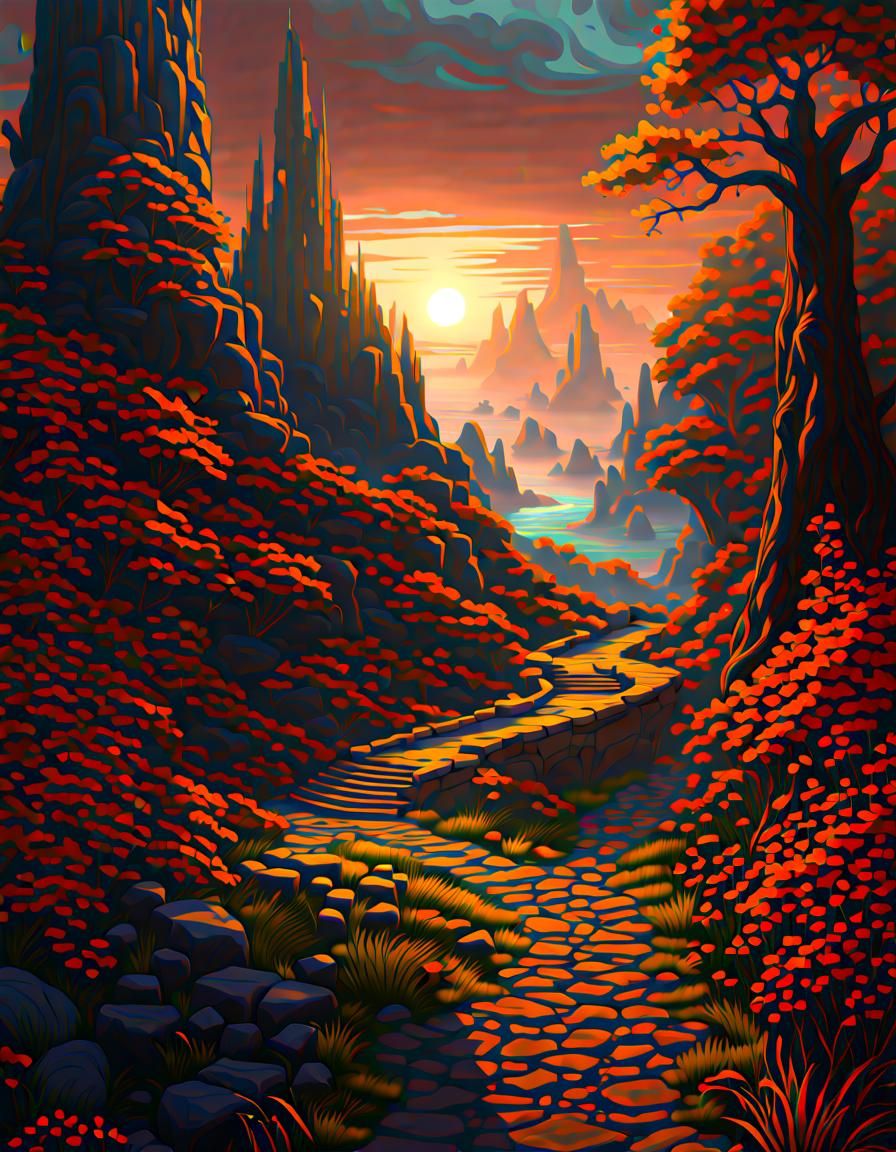 Detailed Pathway Concept Art in Gouache Style