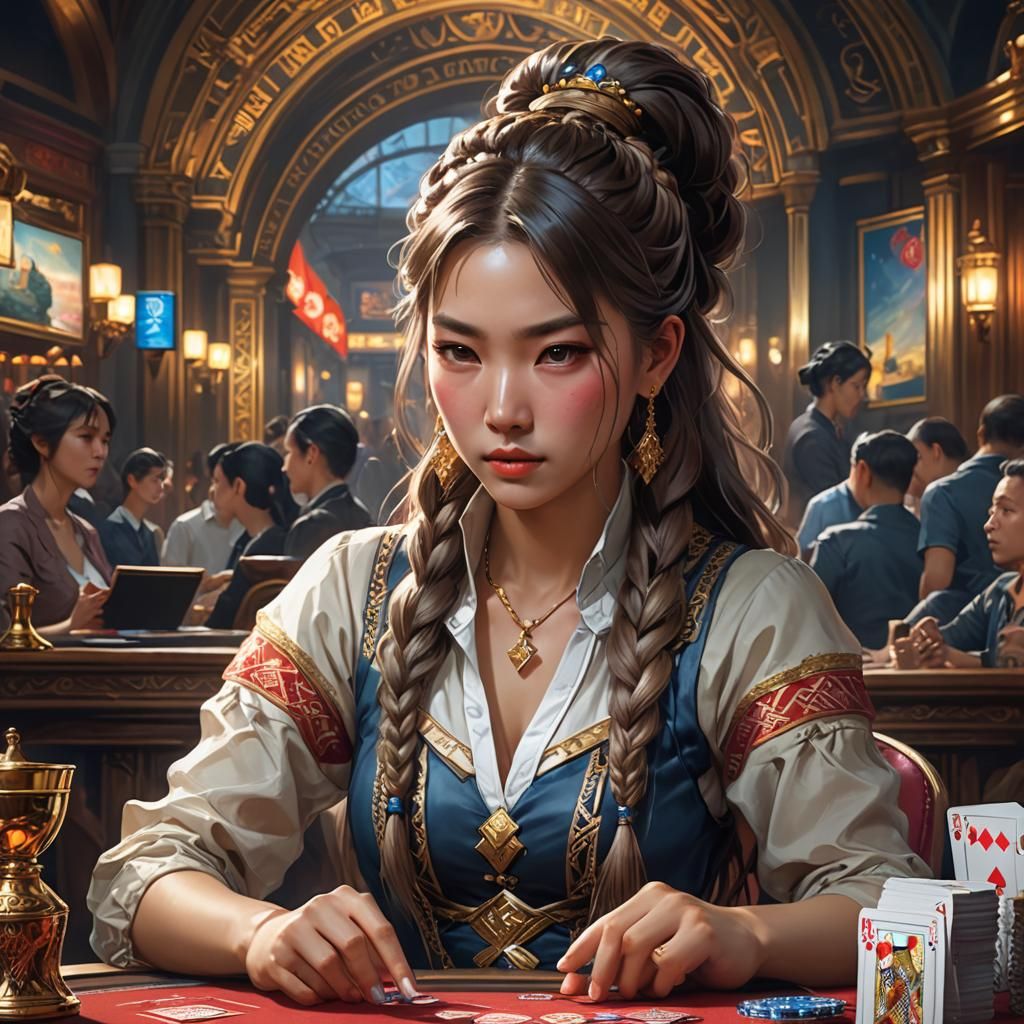Korean Woman Deals Cards: Hyperdetailed Portrait