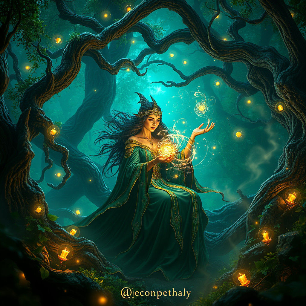 Mystical Sorceress Weaving Magic in Enchanted Forest