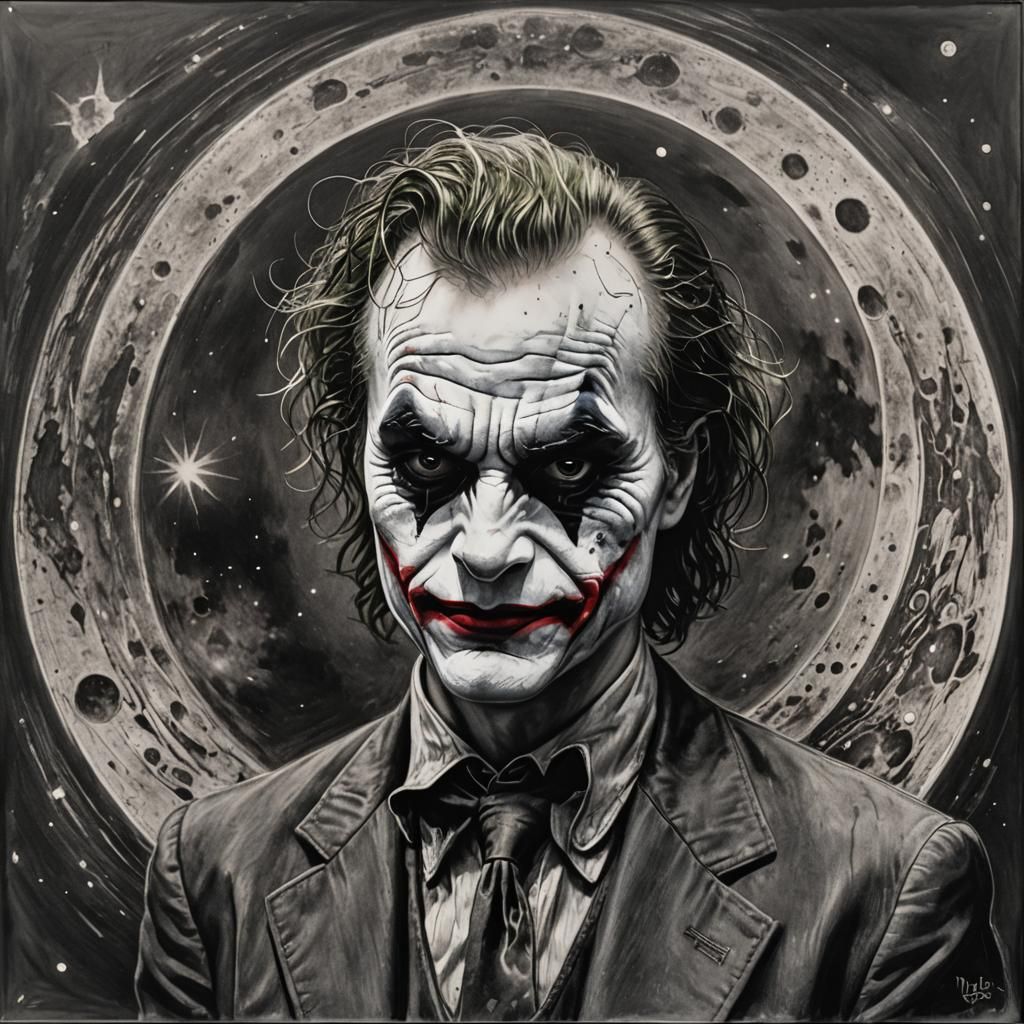 Hyperdetailed Charcoal Drawing: Joker with Moon