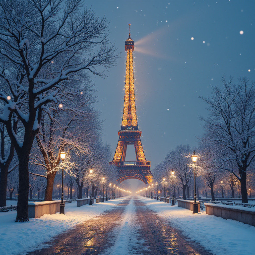 Eiffel Tower in Winter: Impressionistic Photorealistic Scene
