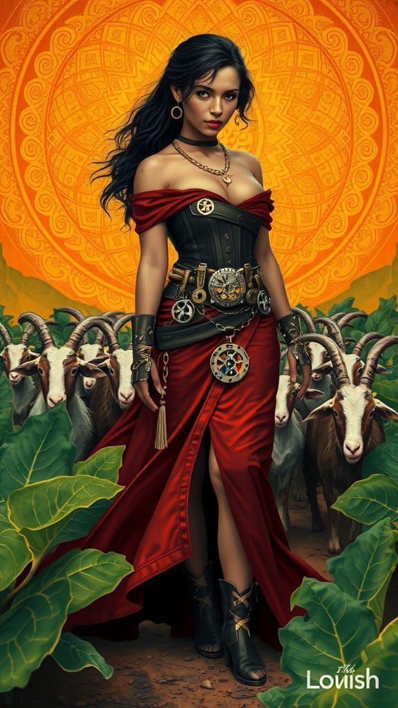 Steampunk Latina Farmer with Goats in Golden Field