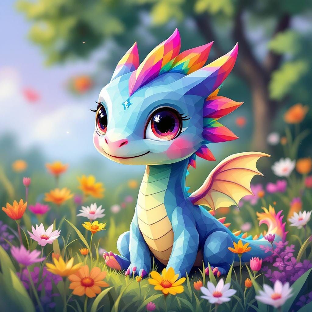 Cubist Baby Dragon with Rainbow Mane in Meadow
