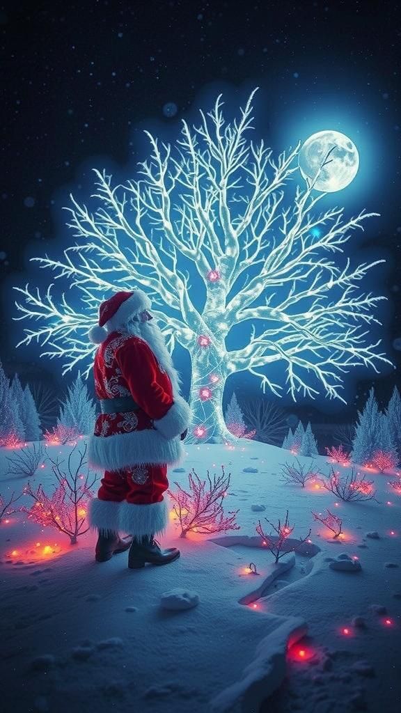 Santa Claus and Bioluminescent Tree in Winter Wonderland