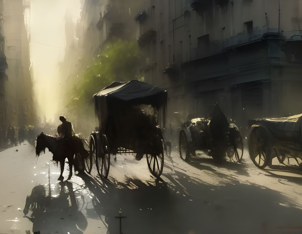 Horse Wagons in City Shadows: Oil on Canvas