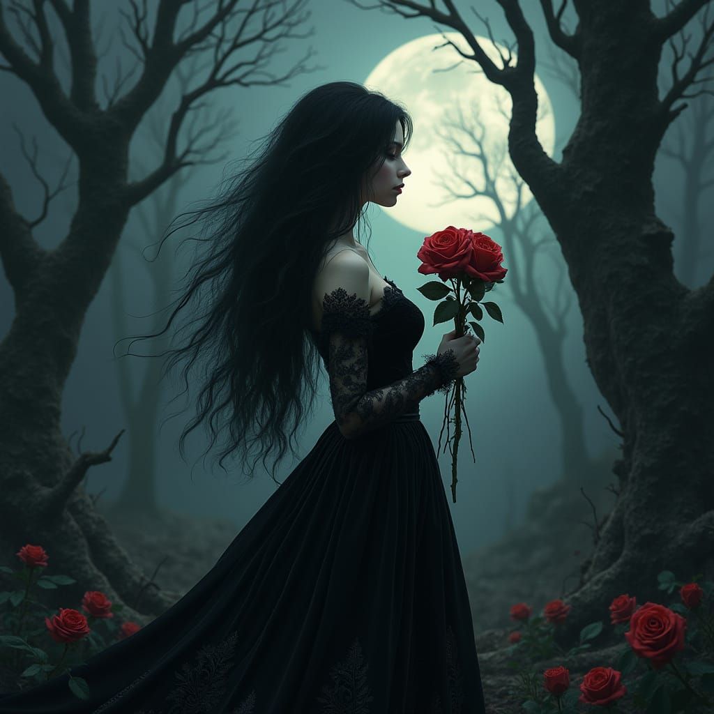 Gothic Woman in Moonlit Forest, Dark Fantasy Style