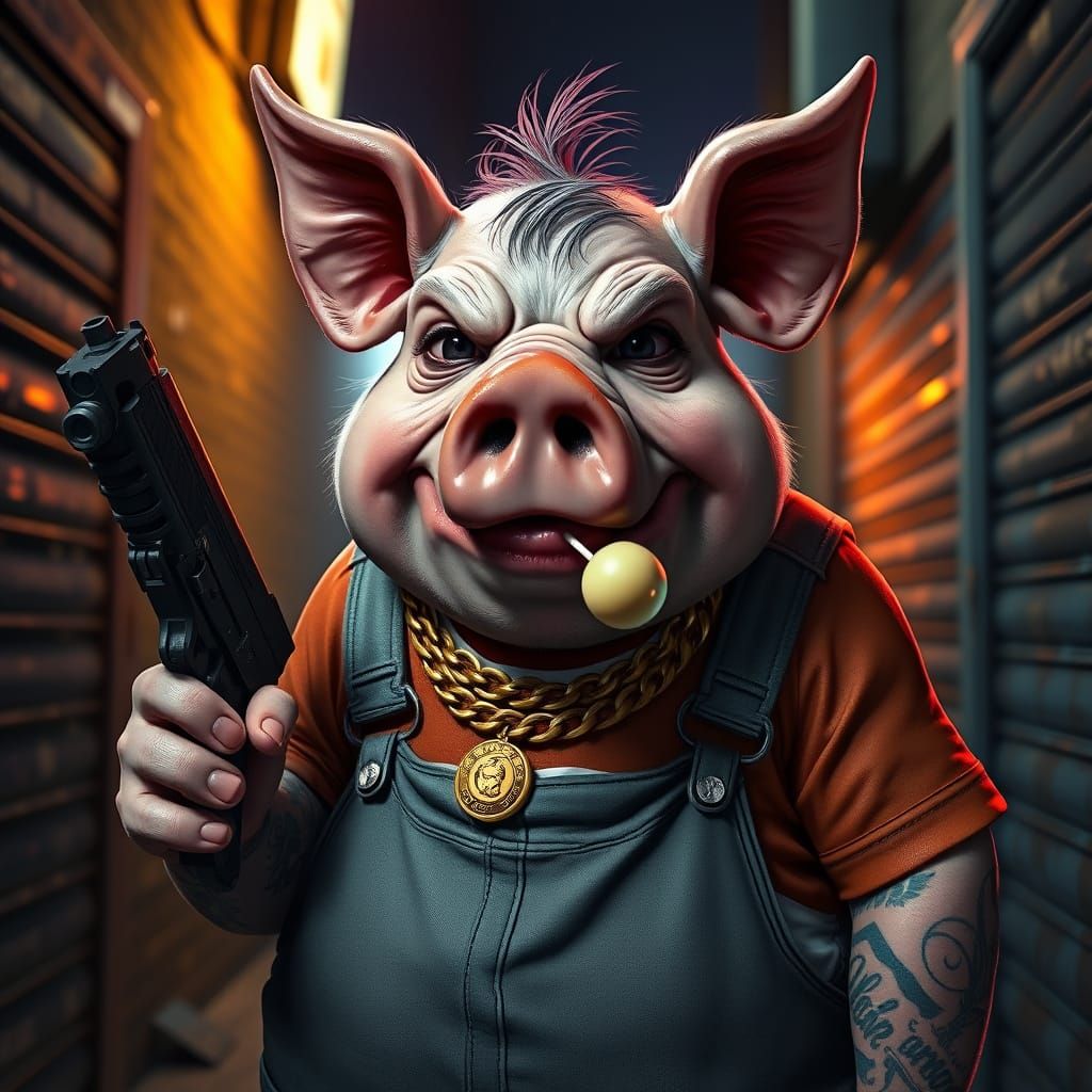 Menacing Pig Gangster in Gritty Urban Scene