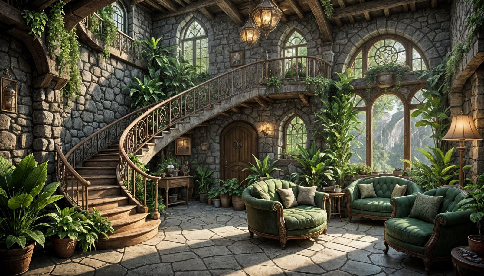 Rustic Elven Cottage with Curving Stairway and Greenery
