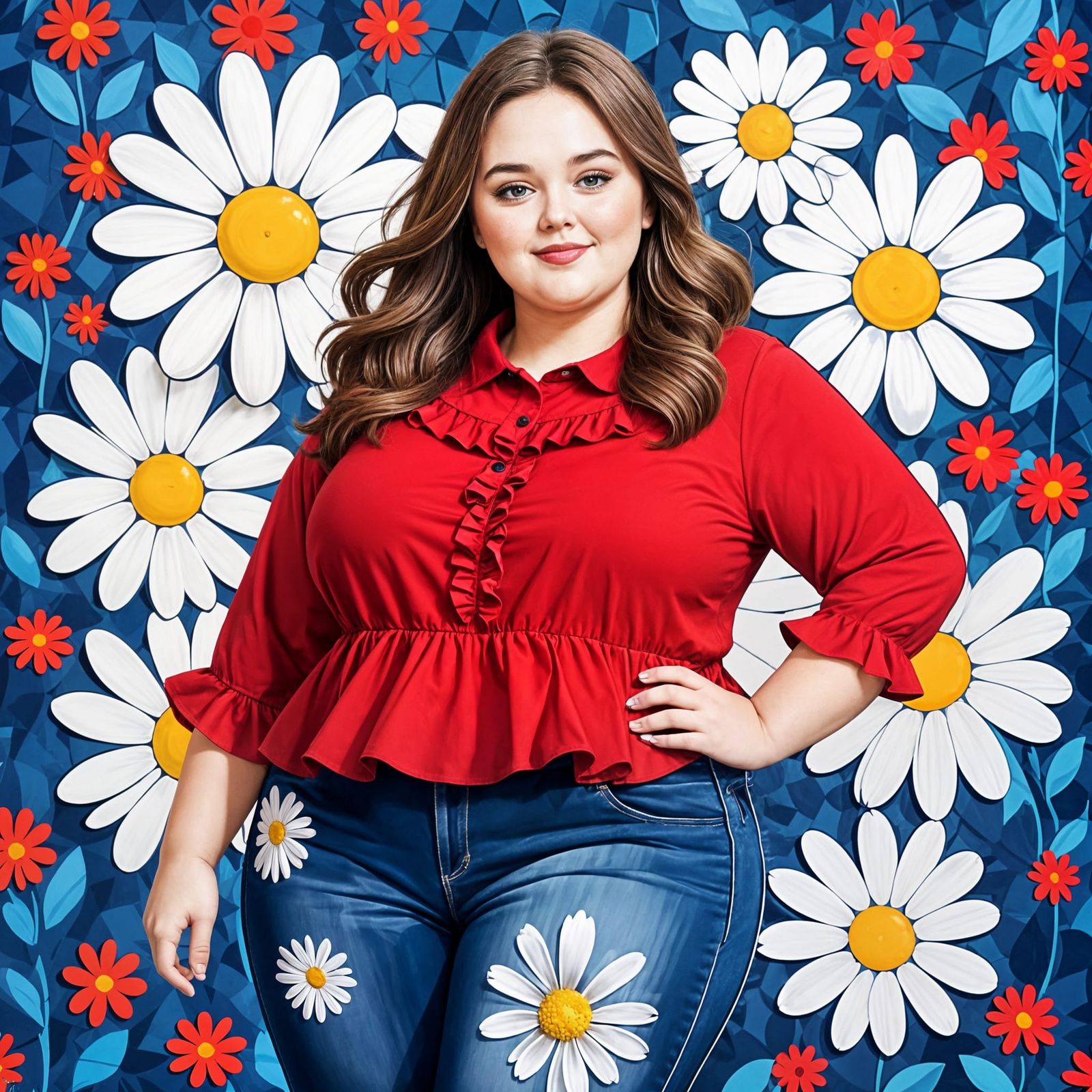 Plus-Size Lady in Vibrant Daisy Motif