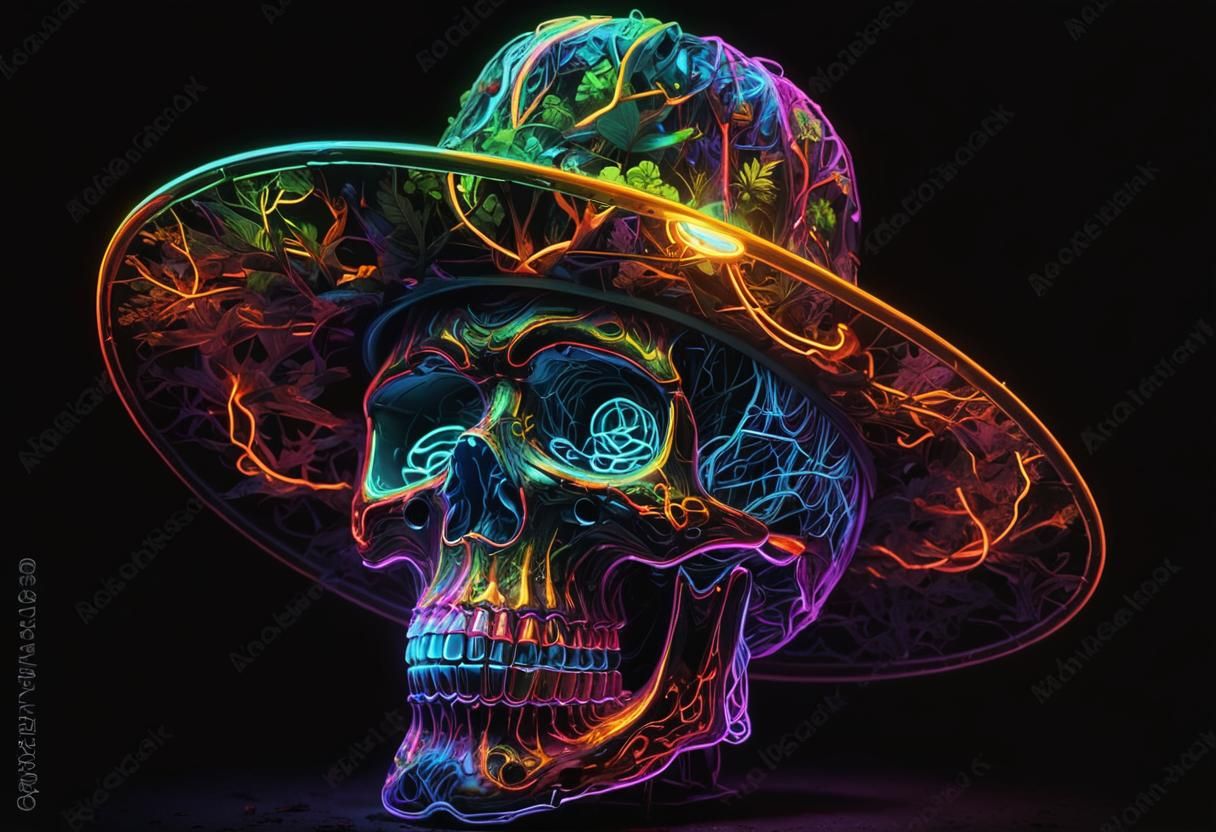 Neon Skull in Neon Forest: Dark AI Art
