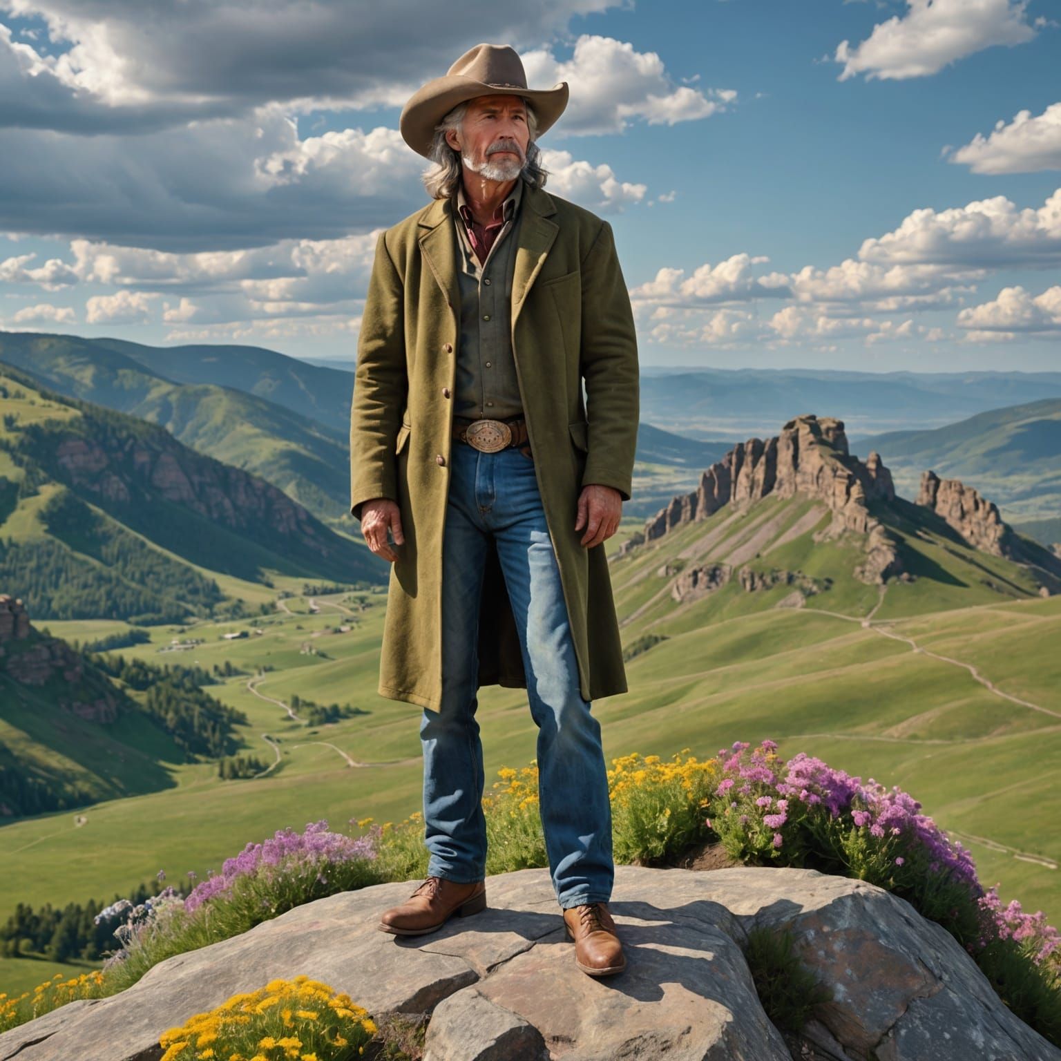 Contemplative Cowboy on Mountain Peak in Hyperrealistic Styl...