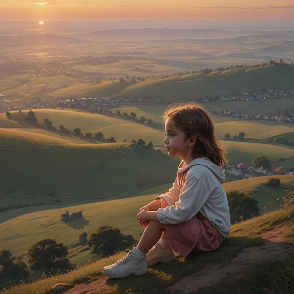 Peaceful Girl on Hill at Sunset in Realism