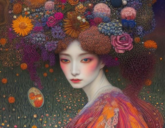 Sunset Woman in Floral Forest, Magic Realism