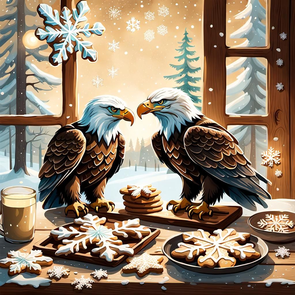Eagles Admire Snowflake Cookies in Winter Illustration