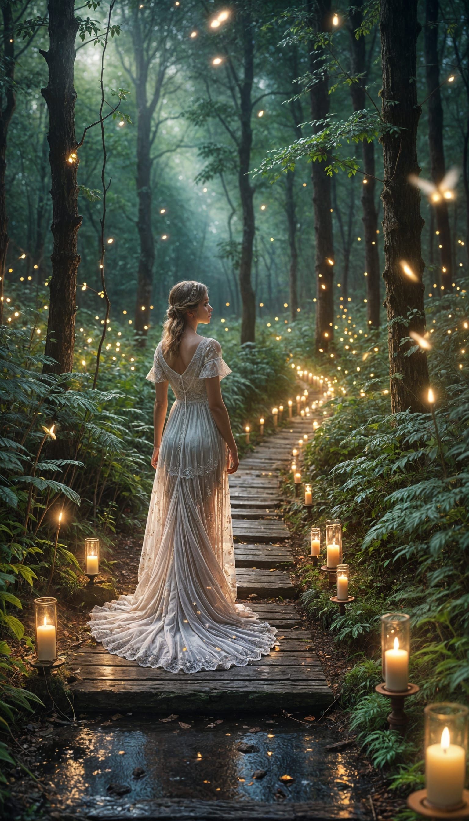 Woman on Candlelit Path in Ethereal Forest