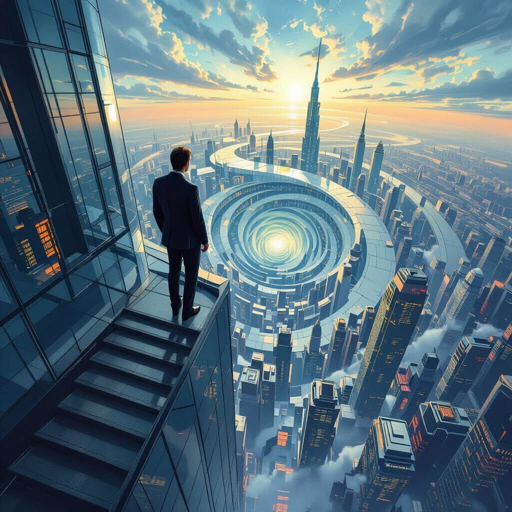 Futuristic Figure Gazes from Skyscraper Edge