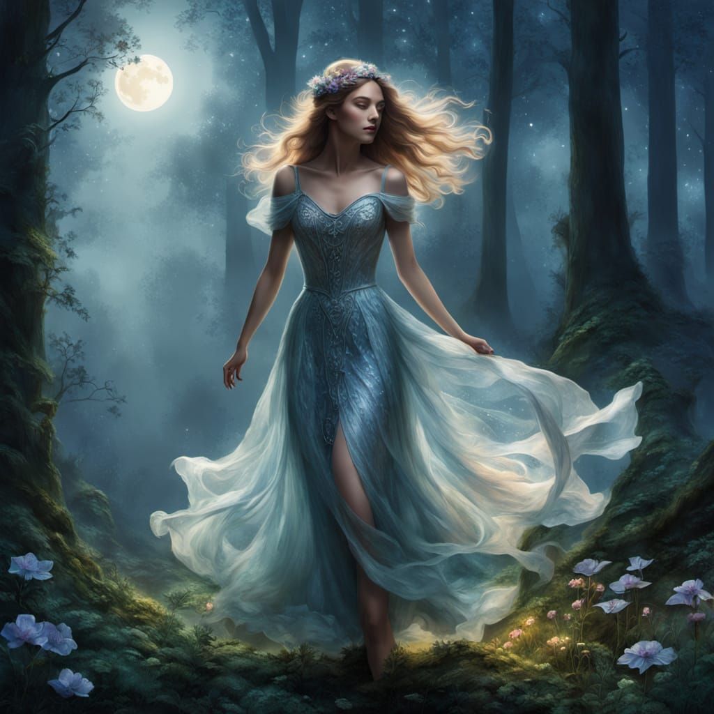 Moonlit Forest Dance: Ethereal Fantasy in Digital Art