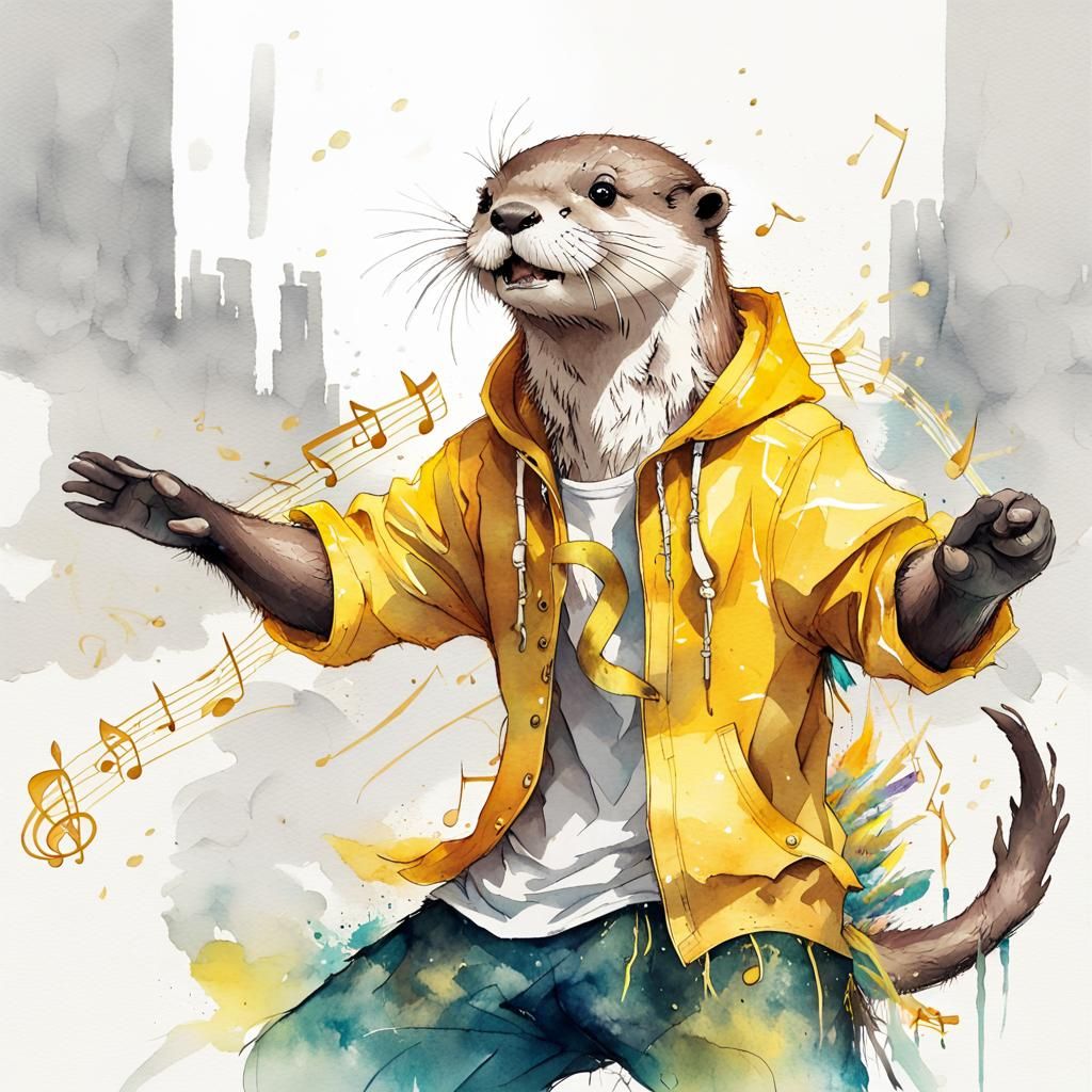 Rapper Otter Dances: Watercolor Manga Illustration