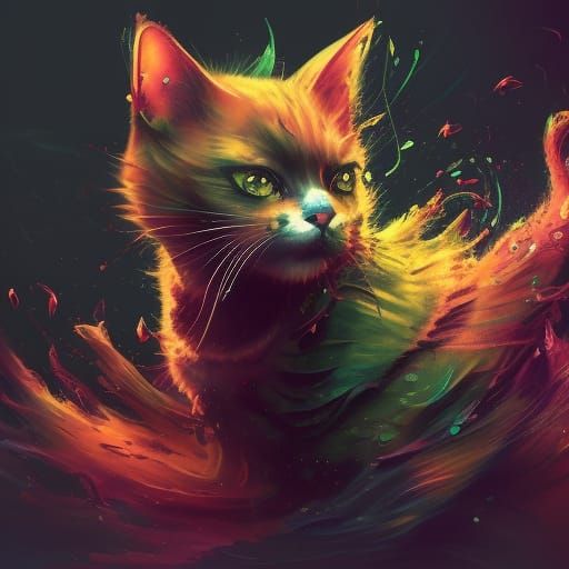 Ink Splatter Cat with Fish: Detailed Matte Painting