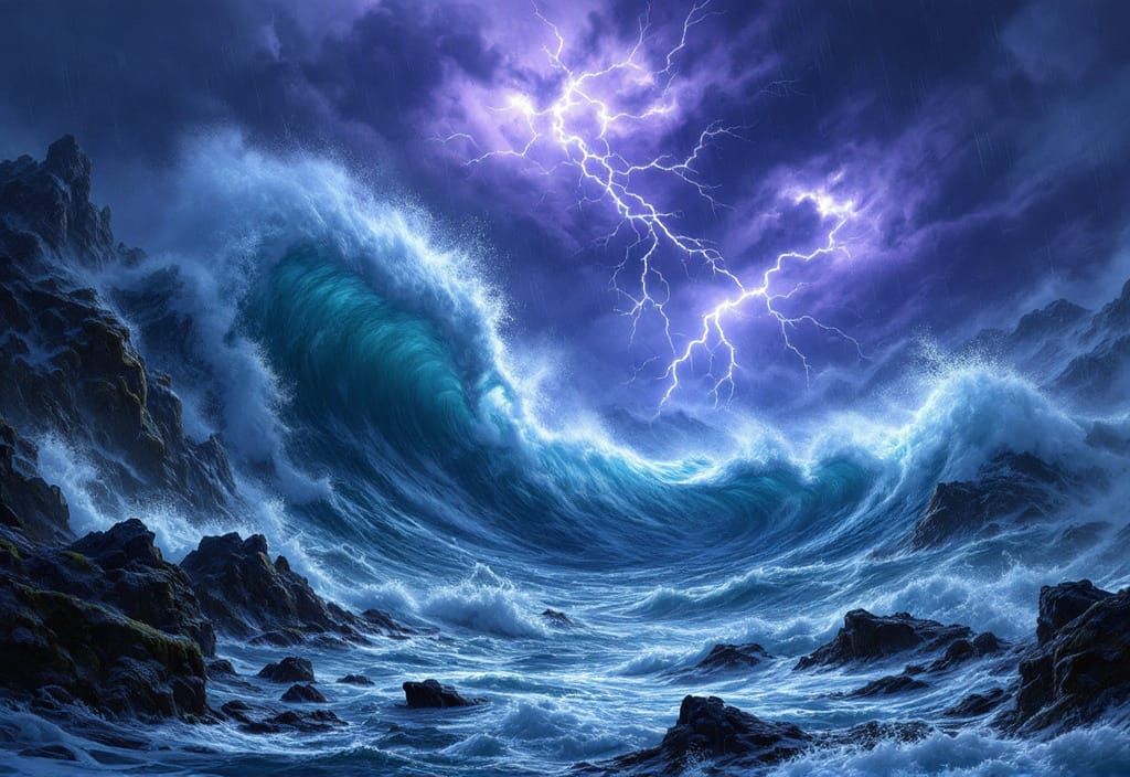 Turbulent Sea with Lightning Storm: Hyper-Realistic Seascape