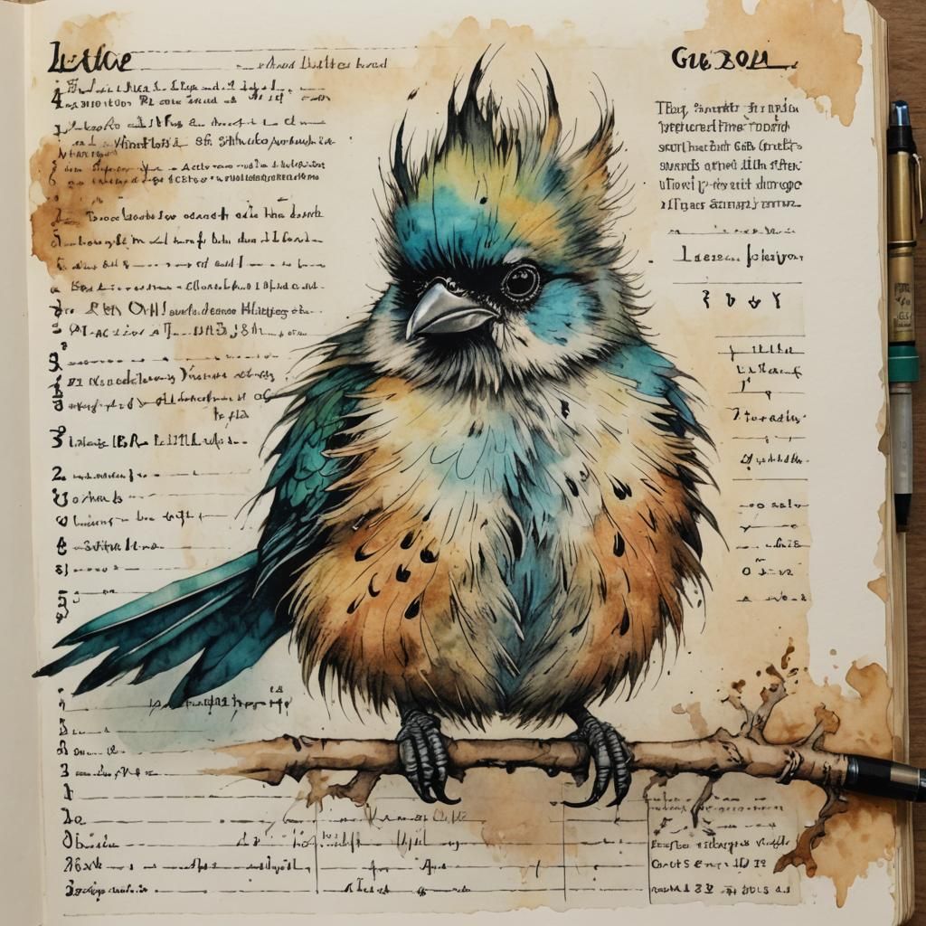 Exotic Bird on Vintage Ledger in Watercolor Style