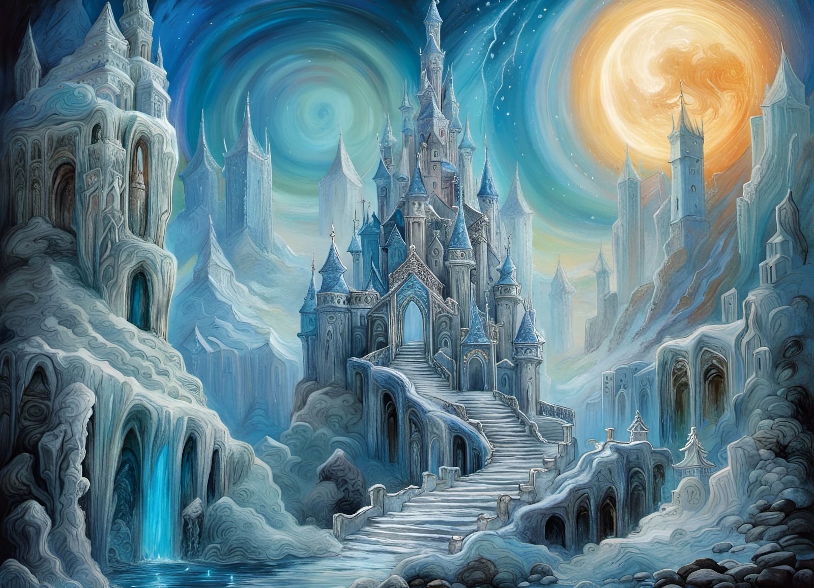 Icepunk Castle Under Moonlight: Gothic Surrealism