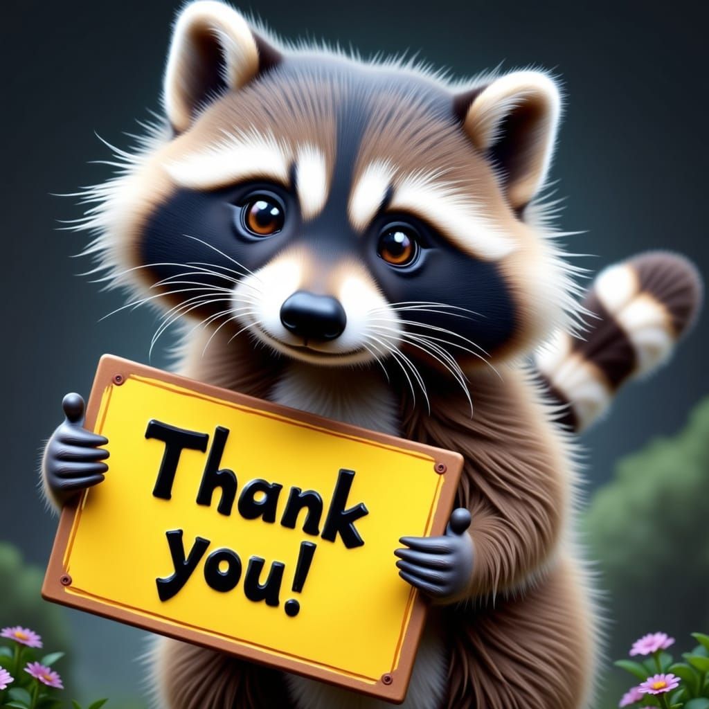 Cute 3D Raccoon Holding Thank You Sign