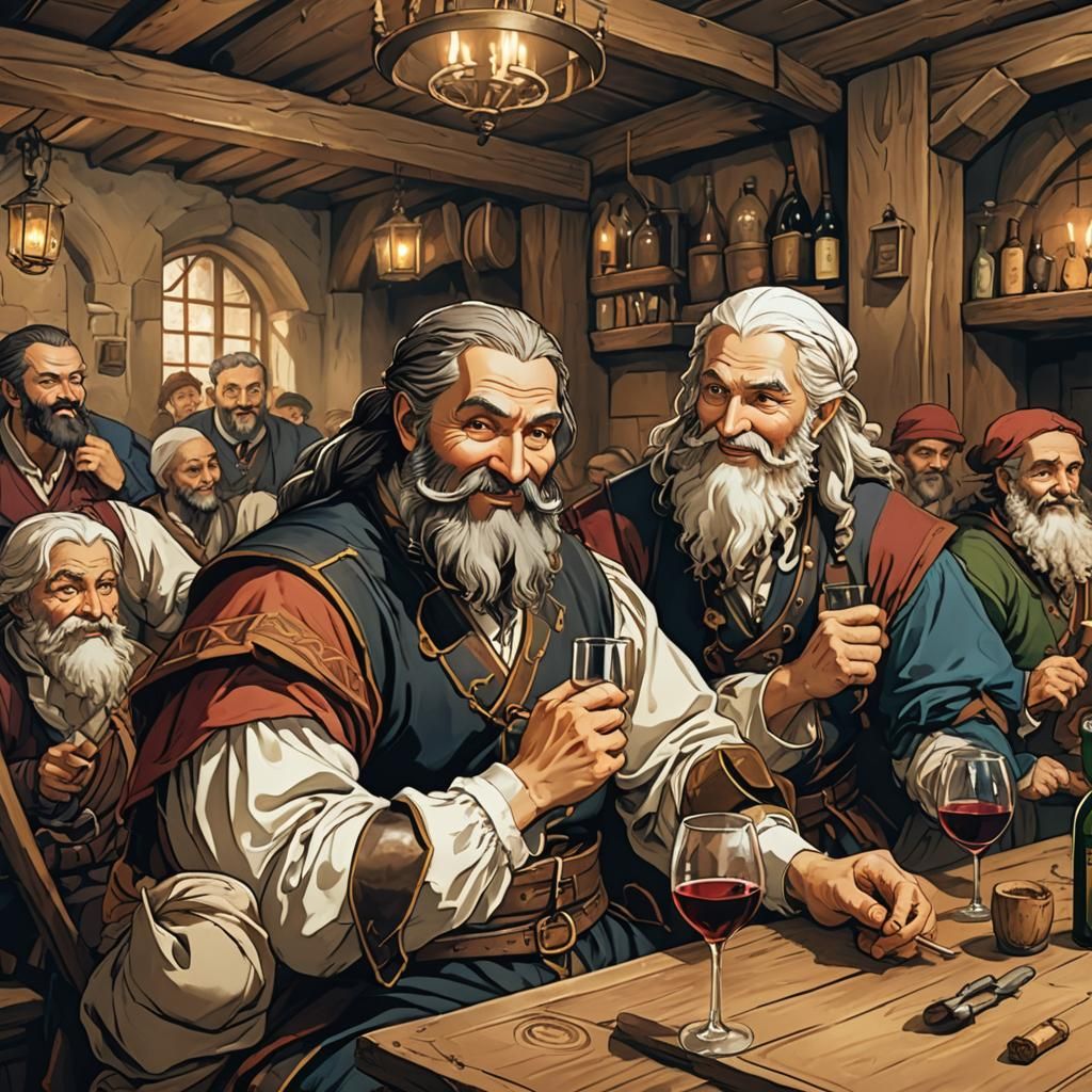 Da Vinci and Michelangelo Enjoying Wine in Tavern