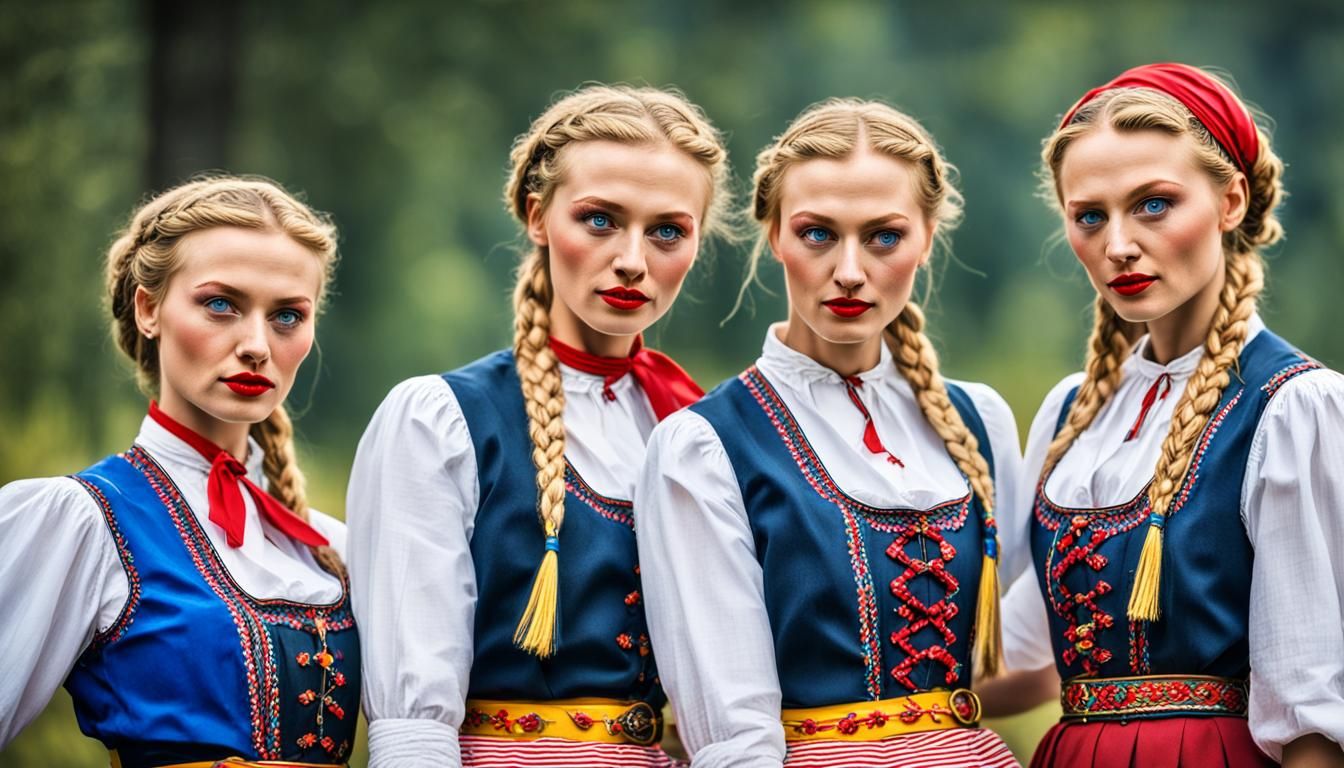 Polish Women in Folk Costumes in Laboratory, Detailed Digita...
