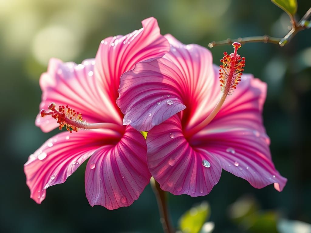 Hyperrealistic 3D Hibiscus Flowers with Dew Drops