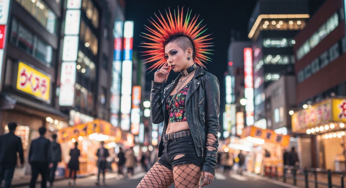 Punk Gyaru Girl in Shinjuku with Vibrant Color Palette