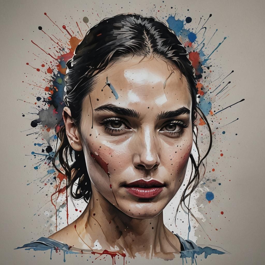 Hyperrealistic Gal Gadot Portrait in Watercolor Graffiti Sty...