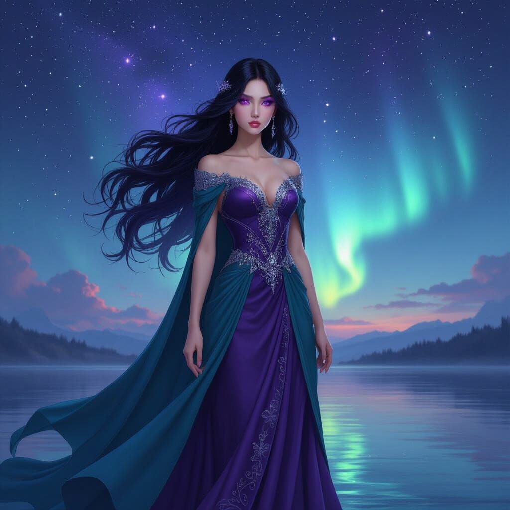 Ethereal Nymph Under Northern Lights Digital Painting