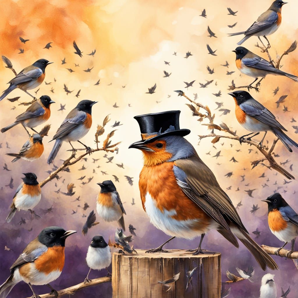 Whimsical Robin in Top Hat Watercolor Illustration