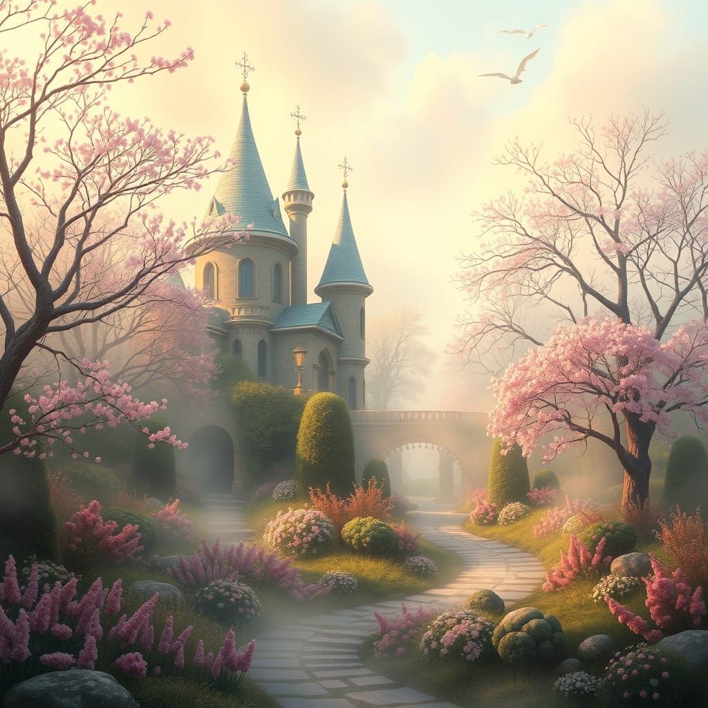 Ethereal Spring Veranda in Whimsical Fantasy Style